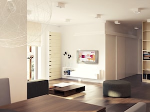 01 - Średni biały salon z jadalnią z tarasem / balkonem z bibiloteczką, styl minimalistyczny - zdjęcie od Ewa Kramm Pracownia Architektury