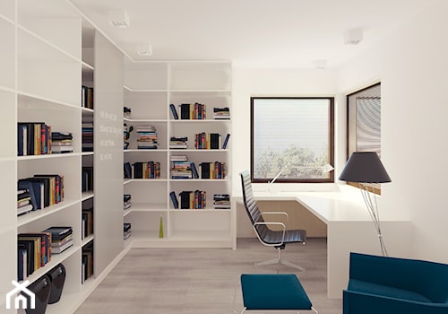 01 - Średnie z zabudowanym biurkiem białe biuro, styl minimalistyczny - zdjęcie od Ewa Kramm Pracownia Architektury