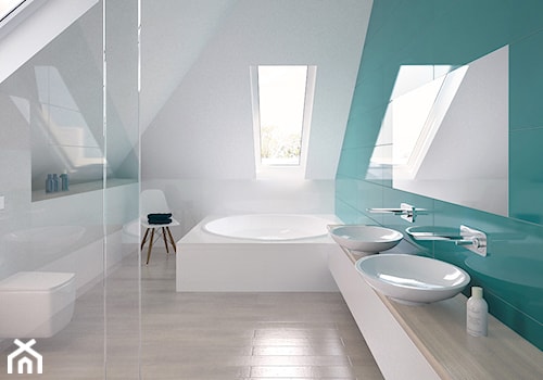 01 - Średnia na poddaszu z dwoma umywalkami łazienka z oknem, styl minimalistyczny - zdjęcie od Ewa Kramm Pracownia Architektury