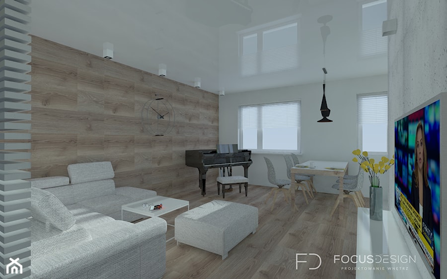 PROJEKT APARTAMENTU W KATOWICACH - Średni biały salon z jadalnią, styl nowoczesny - zdjęcie od Focus Design