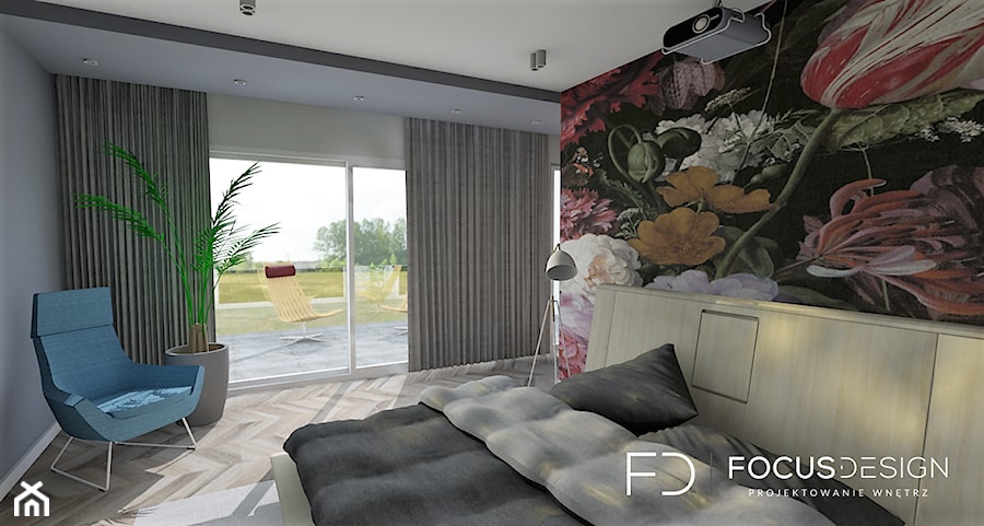 PROJEKT SYPIALNI Z GARDEROBĄ - Średnia szara sypialnia z balkonem / tarasem, styl nowoczesny - zdjęcie od Focus Design