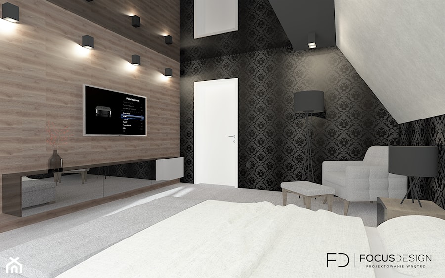 SYPIALNIA W DOMU POD WROCŁAWIEM - Duża beżowa biała czarna sypialnia na poddaszu - zdjęcie od Focus Design