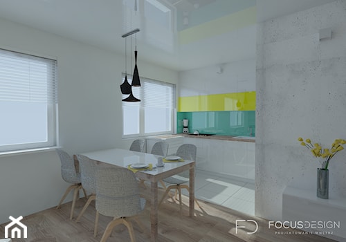 PROJEKT APARTAMENTU W KATOWICACH - Średnia biała jadalnia w salonie w kuchni, styl nowoczesny - zdjęcie od Focus Design