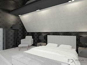 SYPIALNIA W DOMU POD WROCŁAWIEM - Duża czarna szara sypialnia na poddaszu, styl nowoczesny - zdjęcie od Focus Design