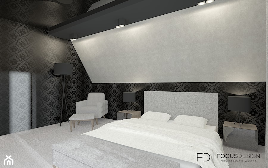 SYPIALNIA W DOMU POD WROCŁAWIEM - Duża czarna szara sypialnia na poddaszu, styl nowoczesny - zdjęcie od Focus Design