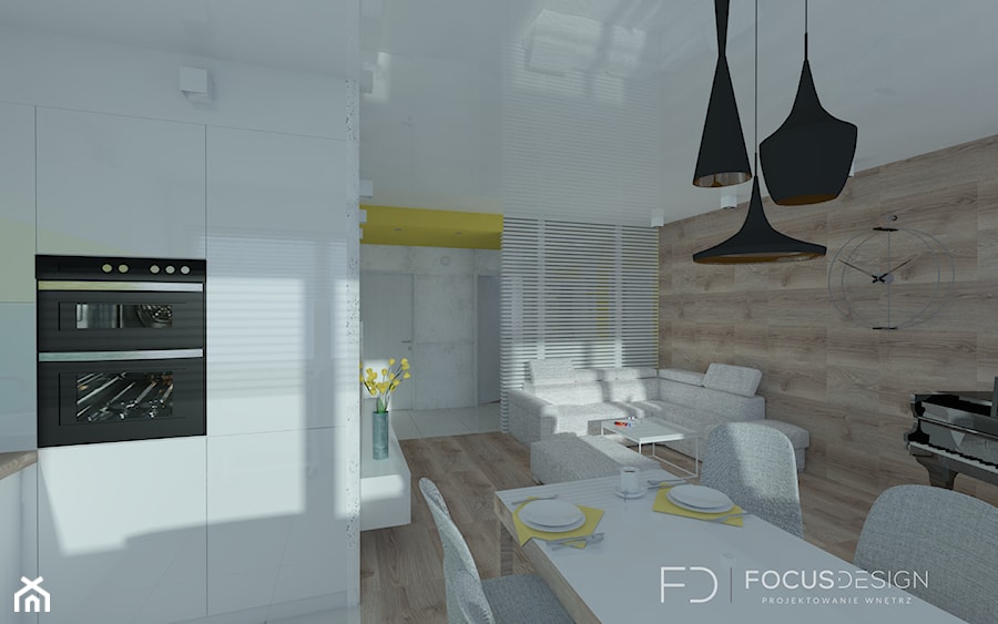 PROJEKT APARTAMENTU W KATOWICACH - Średnia biała jadalnia w salonie w kuchni, styl nowoczesny - zdjęcie od Focus Design