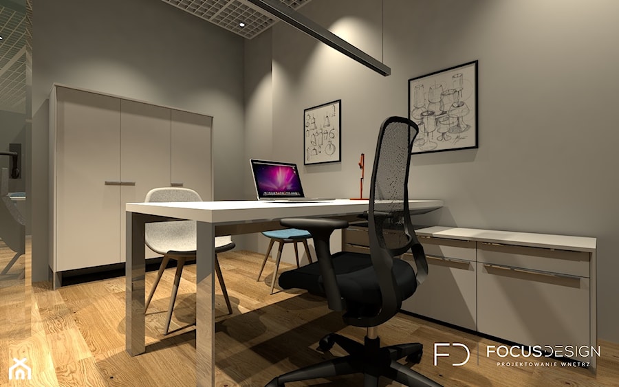 PROJEKT PRZESTRZENI BIUROWEJ W PARYŻU - Średnie w osobnym pomieszczeniu z zabudowanym biurkiem białe szare biuro - zdjęcie od Focus Design