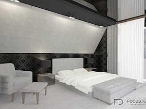 SYPIALNIA W DOMU POD WROCŁAWIEM - Duża czarna szara sypialnia na poddaszu - zdjęcie od Focus Design