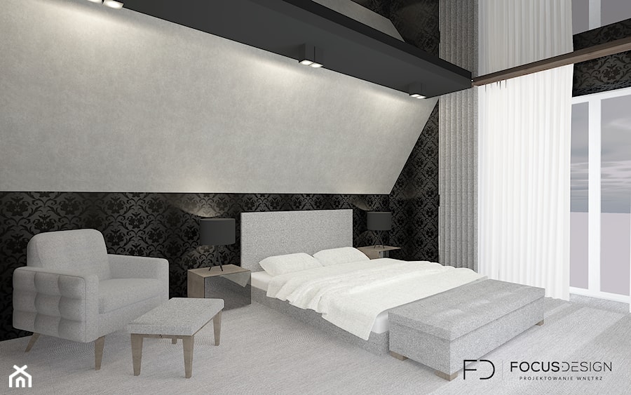 SYPIALNIA W DOMU POD WROCŁAWIEM - Duża czarna szara sypialnia na poddaszu - zdjęcie od Focus Design