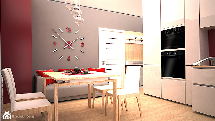 Biała kuchnia z akcentem czerwieni - Średnia otwarta z salonem szara z zabudowaną lodówką kuchnia w kształcie litery l, styl nowoczesny - zdjęcie od Edmonston Design- Studio Projektowania i Aranżacji Wnętrz