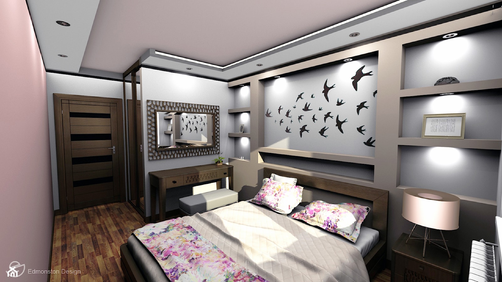 Sypialnia z toaletką - Średnia różowa szara sypialnia, styl nowoczesny - zdjęcie od Edmonston Design- Studio Projektowania i Aranżacji Wnętrz - Homebook