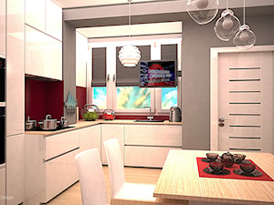 Biała kuchnia z akcentem czerwieni - Mała zamknięta szara z zabudowaną lodówką z lodówką wolnostojącą z podblatowym zlewozmywakiem kuchnia w kształcie litery l z oknem, styl nowoczesny - zdjęcie od Edmonston Design- Studio Projektowania i Aranżacji Wnętrz