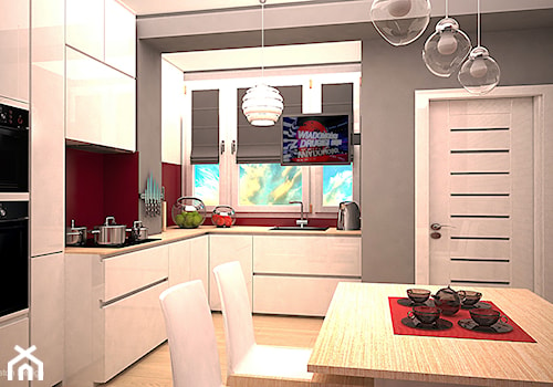 Biała kuchnia z akcentem czerwieni - Mała zamknięta szara z zabudowaną lodówką z lodówką wolnostojącą z podblatowym zlewozmywakiem kuchnia w kształcie litery l z oknem, styl nowoczesny - zdjęcie od Edmonston Design- Studio Projektowania i Aranżacji Wnętrz