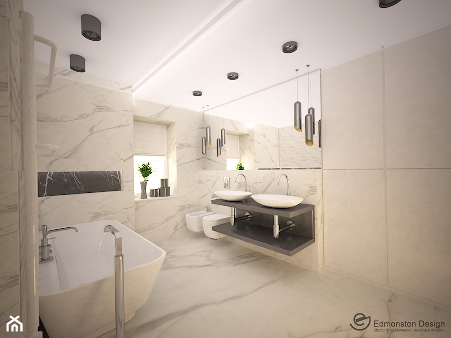Nowoczesna łazienka w stylu Glamour - Duża na poddaszu z lustrem z dwoma umywalkami z marmurową podłogą łazienka z oknem, styl glamour - zdjęcie od Edmonston Design- Studio Projektowania i Aranżacji Wnętrz