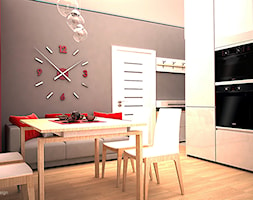 Biała kuchnia z akcentem czerwieni - Średnia otwarta szara z zabudowaną lodówką kuchnia w kształcie ... - zdjęcie od Edmonston Design- Studio Projektowania i Aranżacji Wnętrz - Homebook