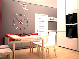 Biała kuchnia z akcentem czerwieni - Średnia otwarta szara z zabudowaną lodówką kuchnia w kształcie litery l, styl skandynawski - zdjęcie od Edmonston Design- Studio Projektowania i Aranżacji Wnętrz