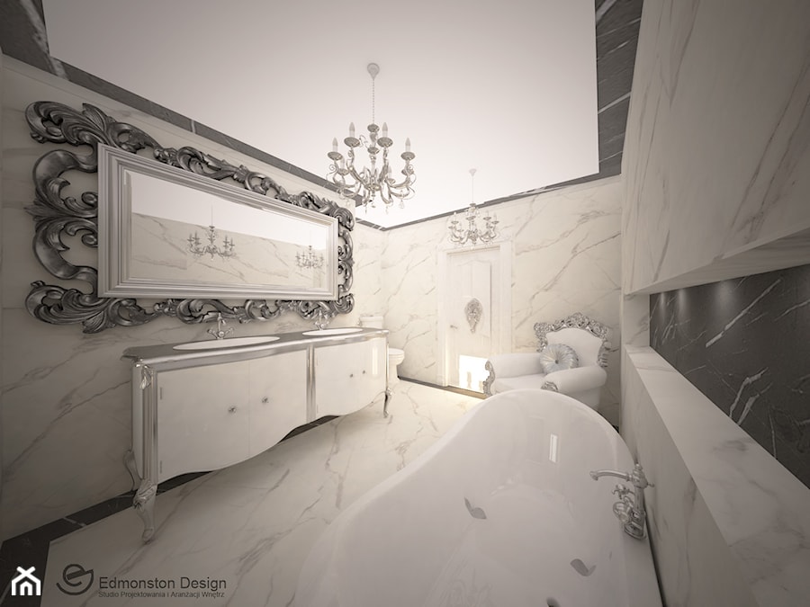 Glamour - Łazienka - Duża bez okna z dwoma umywalkami z marmurową podłogą łazienka, styl glamour - zdjęcie od Edmonston Design- Studio Projektowania i Aranżacji Wnętrz