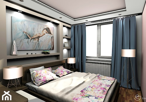 Sypialnia z toaletką - Mała różowa szara sypialnia, styl nowoczesny - zdjęcie od Edmonston Design- Studio Projektowania i Aranżacji Wnętrz