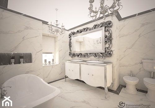 Glamour - Łazienka - Średnia na poddaszu z lustrem z dwoma umywalkami z marmurową podłogą łazienka z oknem, styl glamour - zdjęcie od Edmonston Design- Studio Projektowania i Aranżacji Wnętrz