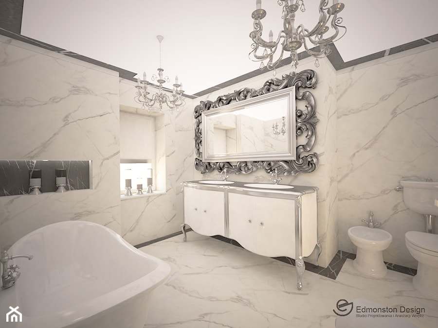 Glamour - Łazienka - Średnia na poddaszu z lustrem z dwoma umywalkami z marmurową podłogą łazienka z oknem, styl glamour - zdjęcie od Edmonston Design- Studio Projektowania i Aranżacji Wnętrz