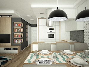 Białystok | Nadawki | Projekt strefy dziennej z aneksem kuchennym - Mały biały szary salon z kuchnią z jadalnią, styl nowoczesny - zdjęcie od "TWORZYWO" Warsztat Architektury Wnętrz