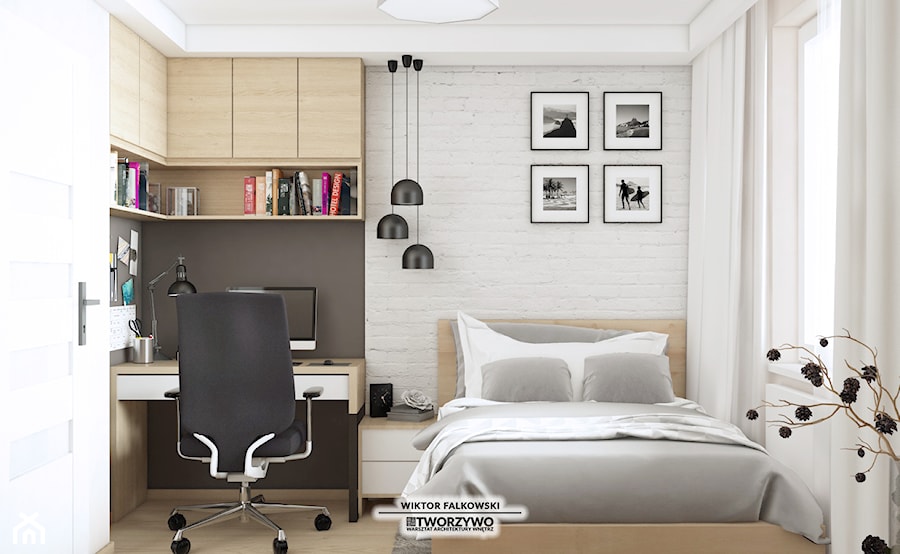 Białystok | Zwycięstwa | Mieszkanie dla młodego mężczyzny - Średnia biała szara z biurkiem sypialnia, styl nowoczesny - zdjęcie od "TWORZYWO" Warsztat Architektury Wnętrz