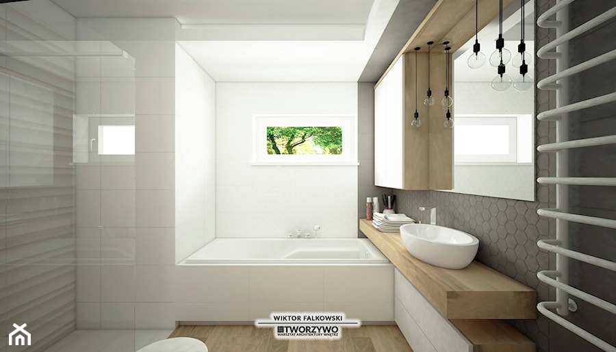 Białystok | Nadawki | Projekt łazienki w stylu nowoczesnym - Średnia na poddaszu łazienka z oknem, styl nowoczesny - zdjęcie od "TWORZYWO" Warsztat Architektury Wnętrz