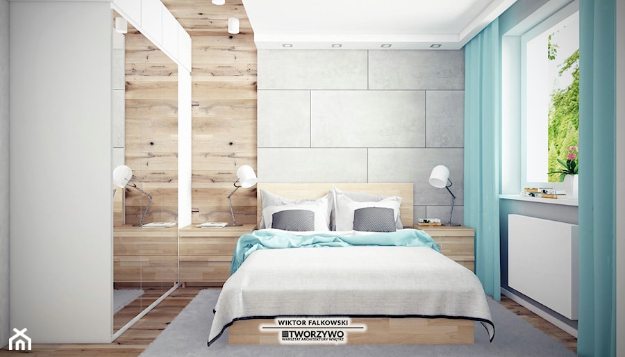 Białystok | Nadawki | Projekt sypialni w dwóch wersjach kolorystycznych - Średnia biała szara z panelami tapicerowanymi sypialnia, styl nowoczesny - zdjęcie od "TWORZYWO" Warsztat Architektury Wnętrz