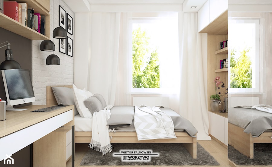Białystok | Zwycięstwa | Mieszkanie dla młodego mężczyzny - Średnia biała czarna z biurkiem sypialnia, styl nowoczesny - zdjęcie od "TWORZYWO" Warsztat Architektury Wnętrz
