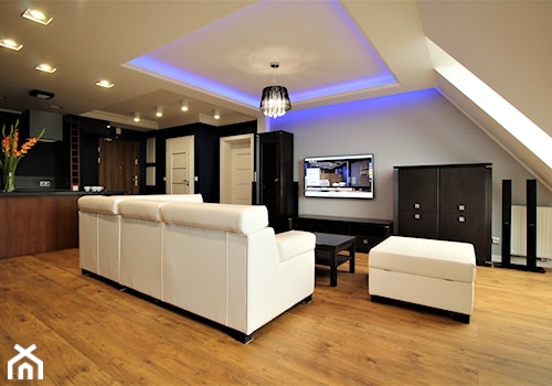 Długa Apartament - Średni beżowy szary salon z kuchnią - zdjęcie od OPEN HOUSE INVEST