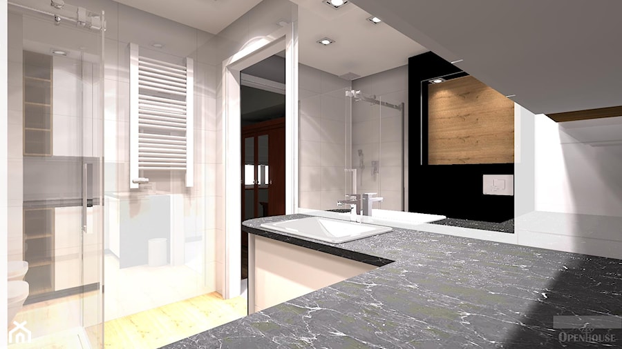 Kompaktowe mieszkanie dla dwojga - Średnia bez okna z lustrem z punktowym oświetleniem łazienka, styl nowoczesny - zdjęcie od OPEN HOUSE INVEST