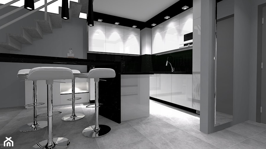Dwupoziomowe na Długiej - Średnia otwarta czarna szara z zabudowaną lodówką kuchnia w kształcie litery u, styl nowoczesny - zdjęcie od OPEN HOUSE INVEST