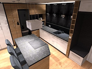 Długa Apartament - Duża otwarta czarna z zabudowaną lodówką z nablatowym zlewozmywakiem kuchnia w kształcie litery l z wyspą lub półwyspem - zdjęcie od OPEN HOUSE INVEST