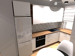Kompaktowe 2 pokoje - Mała otwarta szara z zabudowaną lodówką z nablatowym zlewozmywakiem kuchnia w kształcie litery l z oknem - zdjęcie od OPEN HOUSE INVEST