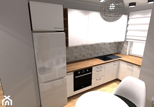 Kompaktowe 2 pokoje - Mała otwarta szara z zabudowaną lodówką z nablatowym zlewozmywakiem kuchnia w kształcie litery l z oknem - zdjęcie od OPEN HOUSE INVEST