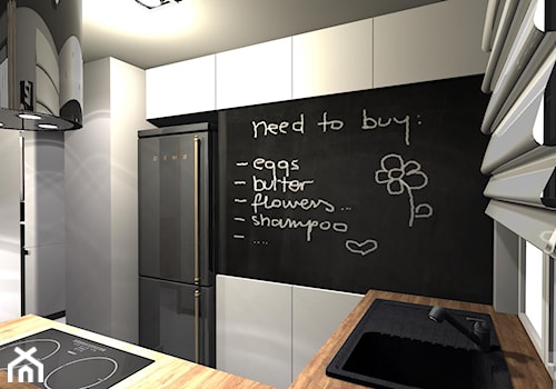 Kompaktowe mieszkanie dla dwojga - Mała zamknięta biała czarna z zabudowaną lodówką z lodówką wolnostojącą z nablatowym zlewozmywakiem kuchnia w kształcie litery l z oknem, styl nowoczesny - zdjęcie od OPEN HOUSE INVEST