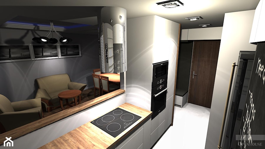 Kompaktowe mieszkanie dla dwojga - Mała otwarta szara z zabudowaną lodówką kuchnia dwurzędowa, styl nowoczesny - zdjęcie od OPEN HOUSE INVEST