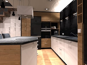 Długa Apartament - Duża otwarta z kamiennym blatem czarna z zabudowaną lodówką z podblatowym zlewozmywakiem kuchnia w kształcie litery l z wyspą lub półwyspem - zdjęcie od OPEN HOUSE INVEST