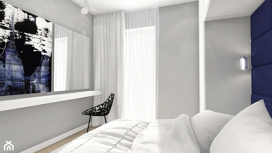 Mieszkanie 56 m2 - Średnia biała niebieska szara z panelami tapicerowanymi sypialnia, styl nowoczesny - zdjęcie od ONE HOME Studio Architektury Wnętrz