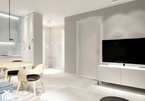 Apartament 41 m2 - Średni szary salon z kuchnią z jadalnią, styl nowoczesny - zdjęcie od ONE HOME Studio Architektury Wnętrz
