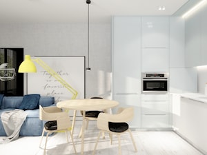 Apartament 41 m2 - Średnia otwarta z salonem z kamiennym blatem biała szara z zabudowaną lodówką kuchnia w kształcie litery l, styl nowoczesny - zdjęcie od ONE HOME Studio Architektury Wnętrz