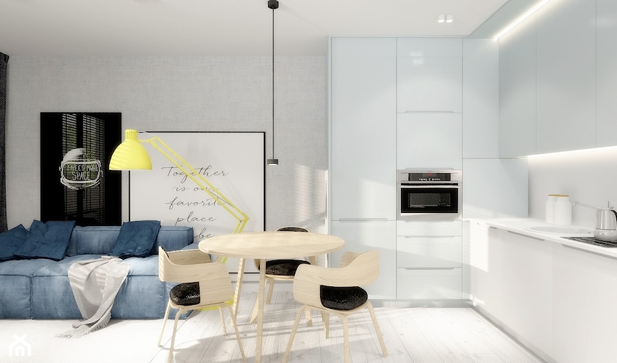 Apartament 41 m2 - Średnia otwarta z salonem z kamiennym blatem biała szara z zabudowaną lodówką kuchnia w kształcie litery l, styl nowoczesny - zdjęcie od ONE HOME Studio Architektury Wnętrz