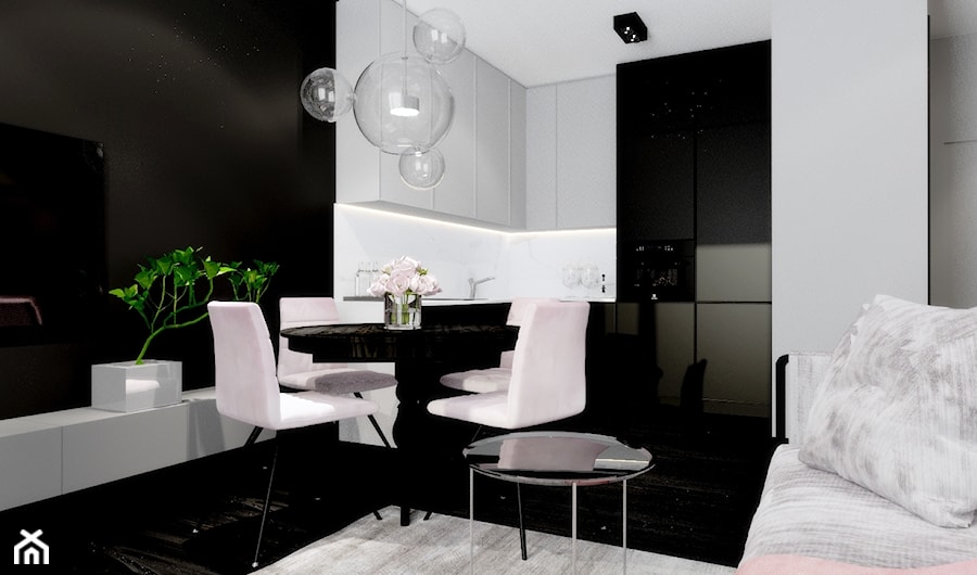 Apartament 42 m2 - Mała otwarta z salonem z kamiennym blatem biała czarna z zabudowaną lodówką kuchnia w kształcie litery l z marmurem nad blatem kuchennym, styl nowoczesny - zdjęcie od ONE HOME Studio Architektury Wnętrz