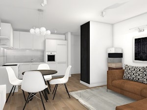 Bielsko Biała 42 - Mały biały salon z kuchnią z jadalnią, styl industrialny - zdjęcie od ONE HOME Studio Architektury Wnętrz