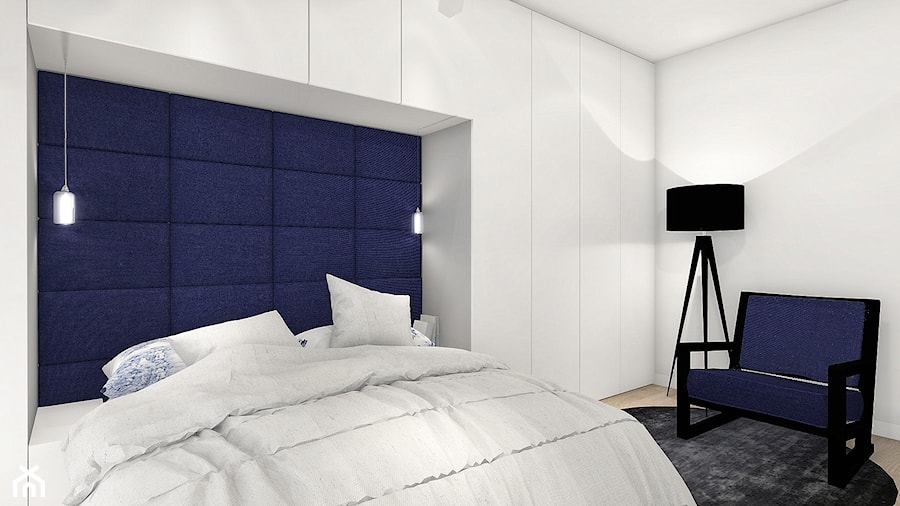 Mieszkanie 56 m2 - Średnia biała niebieska z panelami tapicerowanymi sypialnia, styl nowoczesny - zdjęcie od ONE HOME Studio Architektury Wnętrz