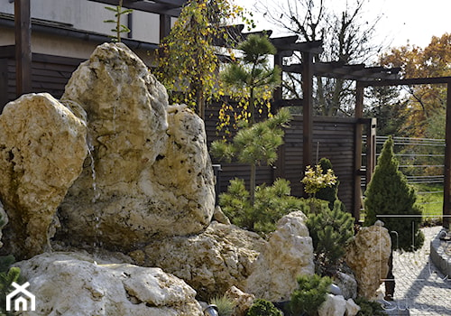 kamień w ogrodzie - Średni ogród z pergolą - zdjęcie od digstudio