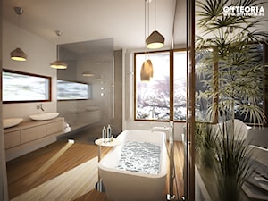 Stodoła - Duża na poddaszu z dwoma umywalkami łazienka z oknem, styl minimalistyczny - zdjęcie od offteoria