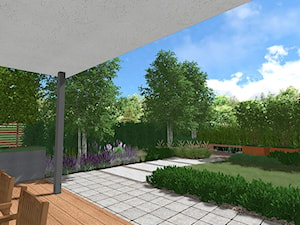 Ogród na dwóch poziomach - Średni ogród za domem zadaszony przedłużeniem dachu, styl nowoczesny - zdjęcie od Rock&Flower studio