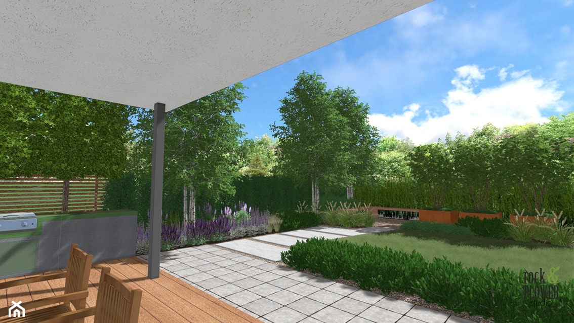 Ogród na dwóch poziomach - Średni ogród za domem zadaszony przedłużeniem dachu, styl nowoczesny - zdjęcie od Rock&Flower studio - Homebook