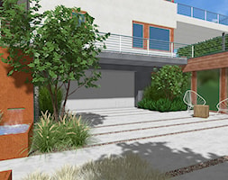 Ogród na dwóch poziomach - Średni ogród przed domem za domem zadaszony przedłużeniem dachu - zdjęcie od Rock&Flower studio - Homebook